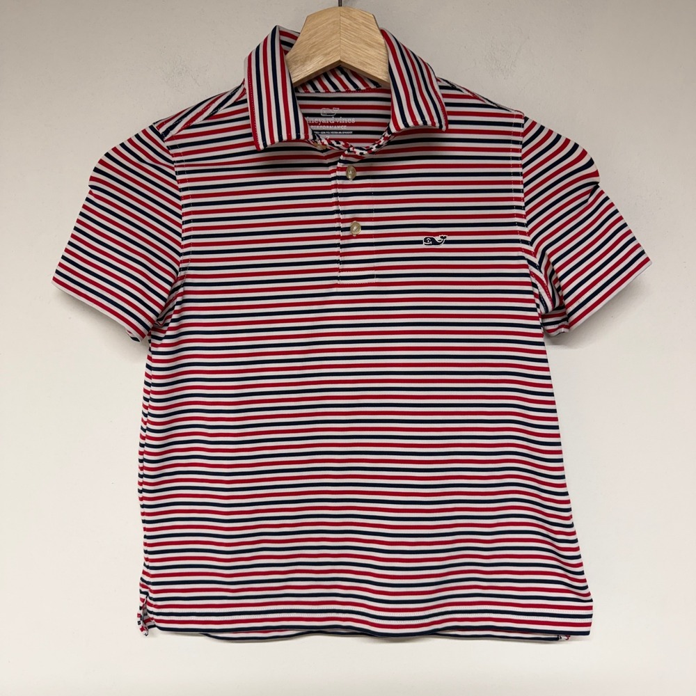 Vineyard Vines Boys Size 7 Performance Polo Shirt Red White Blue Striped Whale